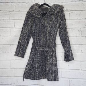 Zara Basic Women's Gray Textured Tweed Full Zip Lined Hooded Coat Size Small
